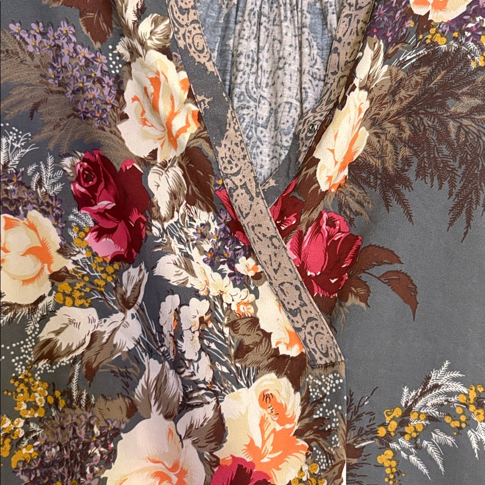 Floral Draped Wrap Long Sleeve Top - Slate Gray with Rose Print. Brand Tiny - Picture 2 of 3